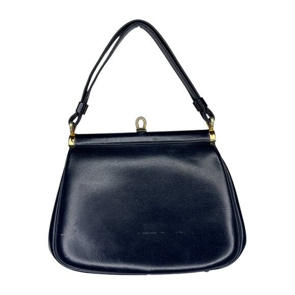 Vintag Leather Handbag Goldtone Hardware Clamshell Closure Navy Blue - Picture 6 of 8